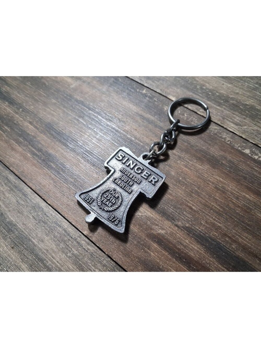 1970's Singer Pewter Bag Charm 25th Year Anderson South Carolina Bell Keychain